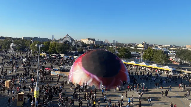 Illuminated festival event dome at night